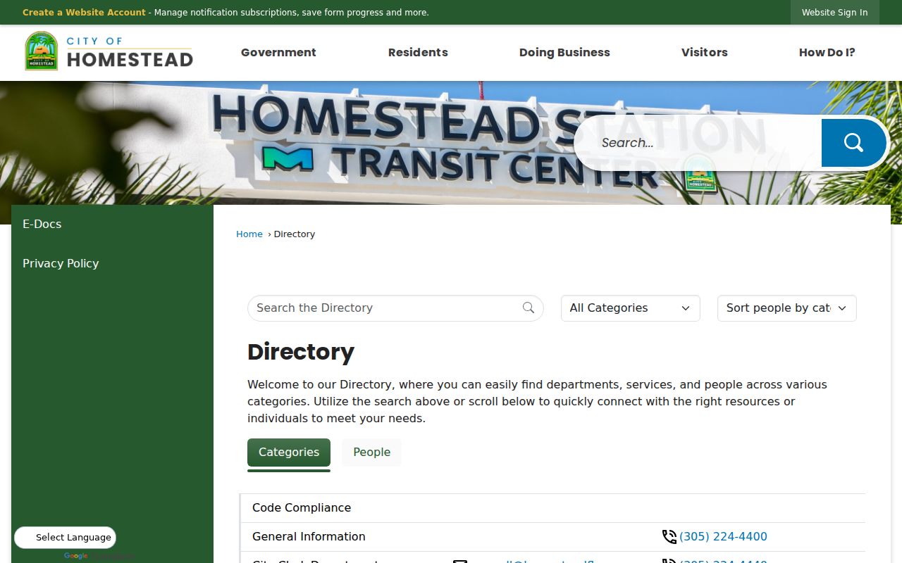 Homestead city staff directory search fields