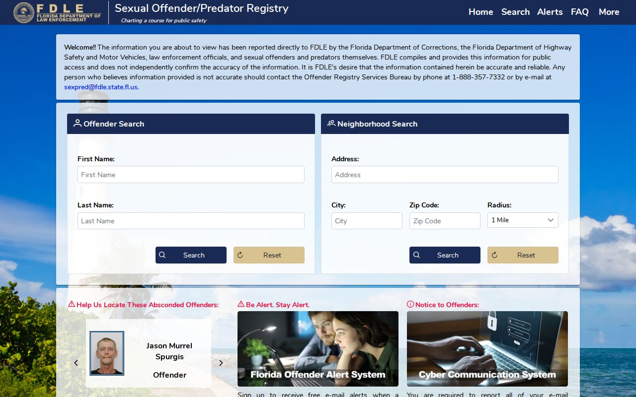 FDLE offender registry name and area search choices