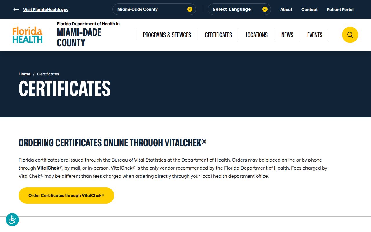 Miami-Dade vital certificate options for Homestead events