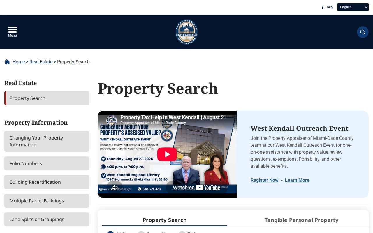 Miami-Dade Property Appraiser search modes used for Homestead parcels