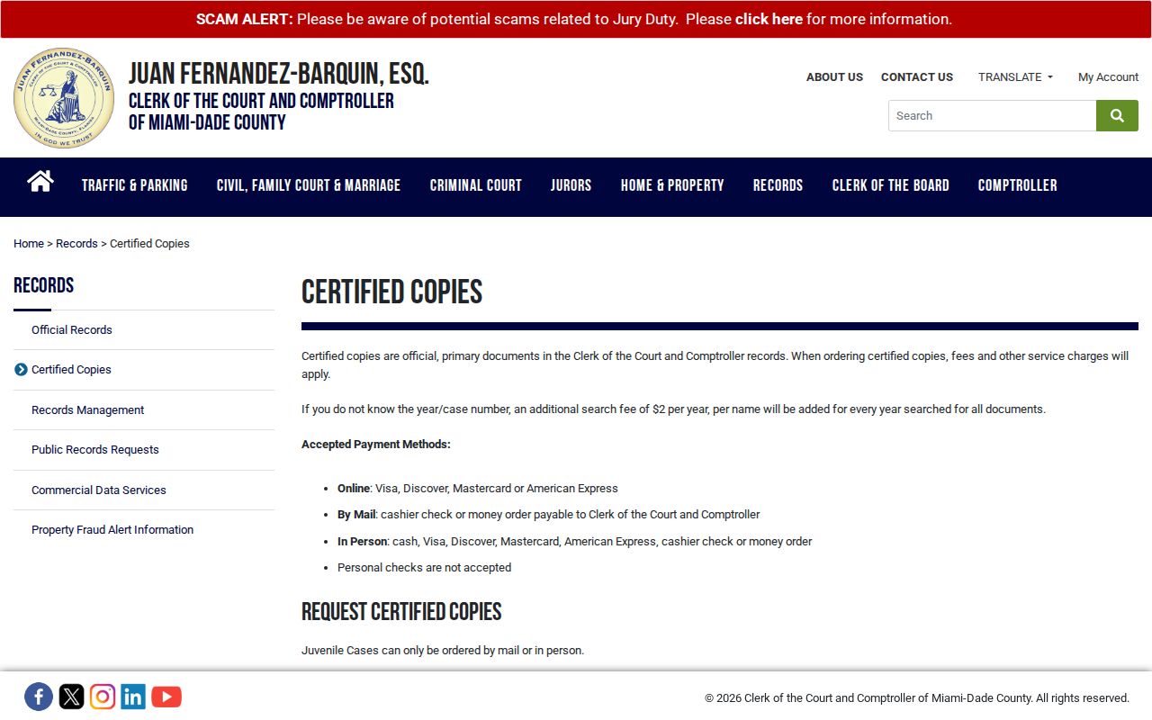 Miami-Dade Clerk certified copy instructions for Homestead property records