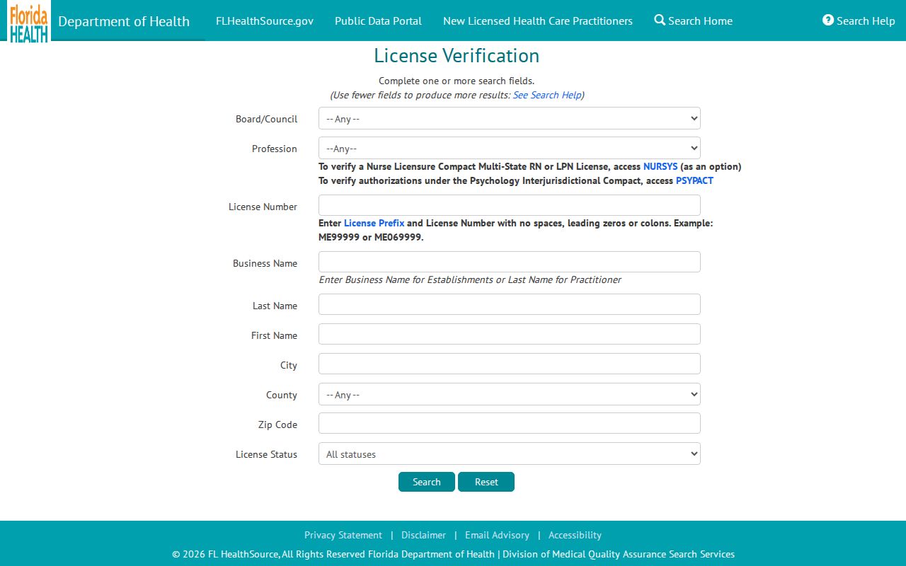Homestead resident lookup health license search